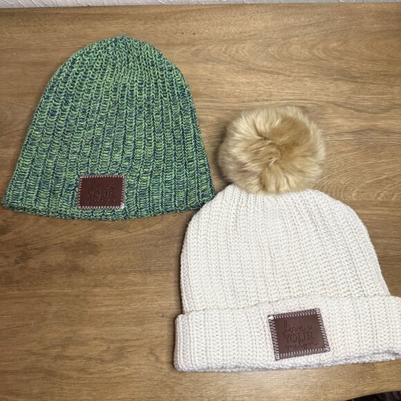 Love Your Melon Beanie Womens One Size Lot of 2 Knit Pom Green Off White Winter - Picture 2 of 12